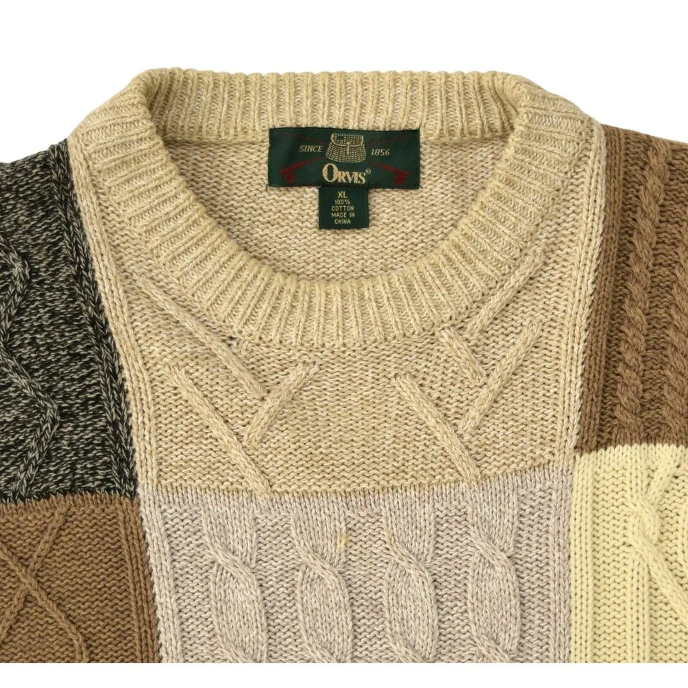 Vtg Orvis Men's XL Patchwork Fisherman Sweater 100% Cotton Cable Knit 90s Boho